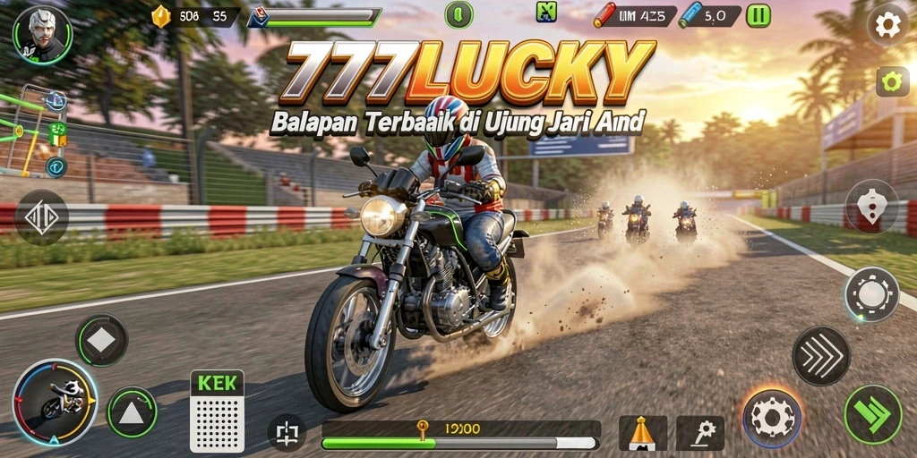 Gameplay intens dari 777LUCKY menampilkan aksi balapan motor yang seru.
