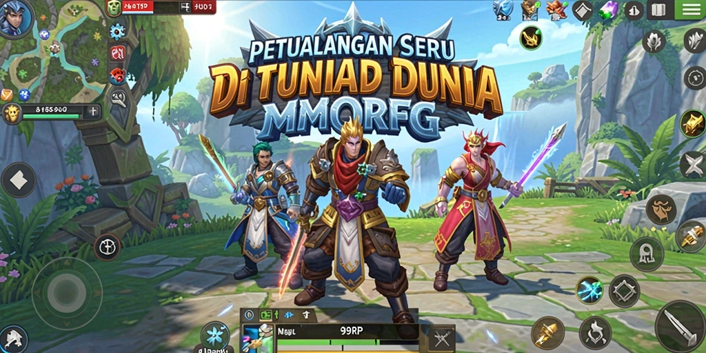 Screenshot utama 99RP menampilkan karakter dalam pertempuran seru di dunia MMORPG.