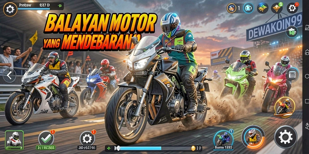 Tampilan gameplay seru dari DEWAKOIN99 dengan balapan motor yang cepat.