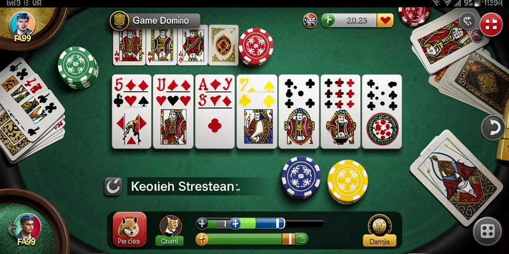 Tampilan game FA99 dengan meja domino yang menarik dan pemain aktif.