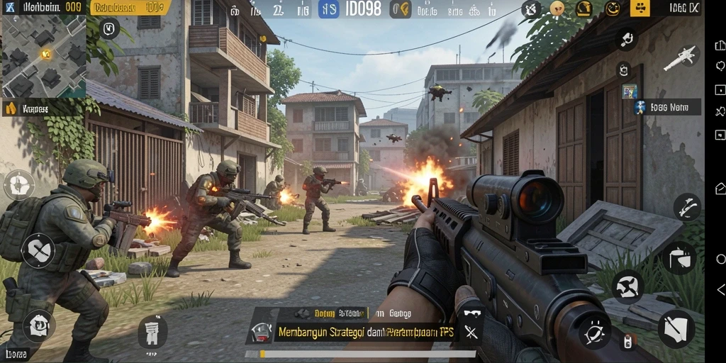 Gameplay intens dalam ID098 dengan pertempuran FPS yang mendebarkan.