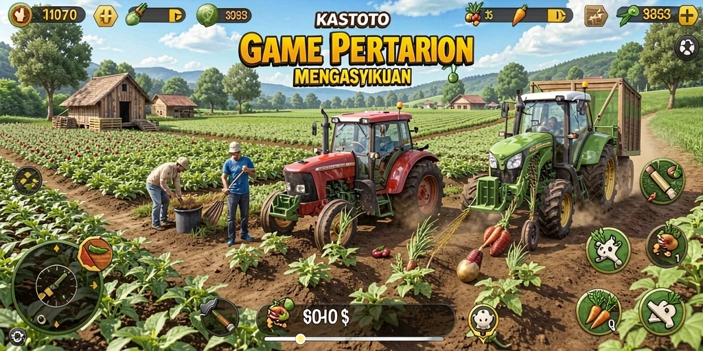 Screenshot menunjukkan pemain merawat kebun dengan tanaman subur.