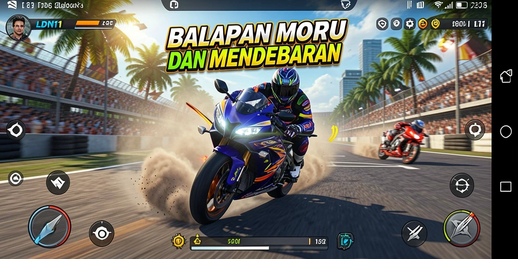 Screenshot LDN11 menampilkan balapan motor yang menegangkan di trek yang menantang.