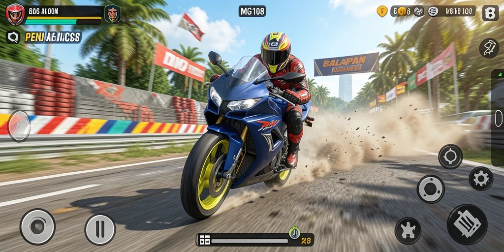 Tangkapan layar gameplay MG108 dengan aksi balapan motor yang mendebarkan.