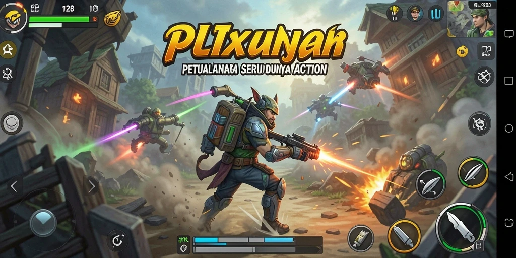 Screenshot utama OLX128 menunjukkan aksi mendebarkan dalam gameplay.