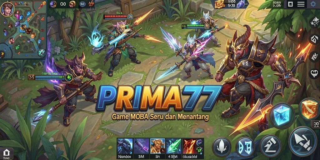 Tampilan gameplay seru dalam PRIMA77 dengan aksi MOBA yang menegangkan.