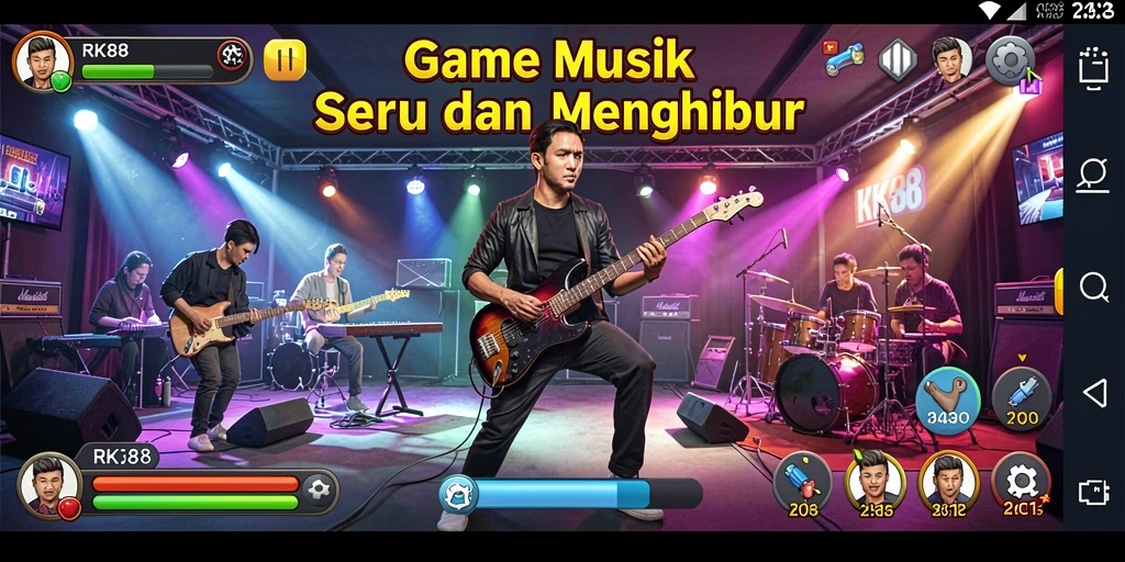 Gameplay RK88 menampilkan antarmuka interaktif dan berbagai pilihan lagu.