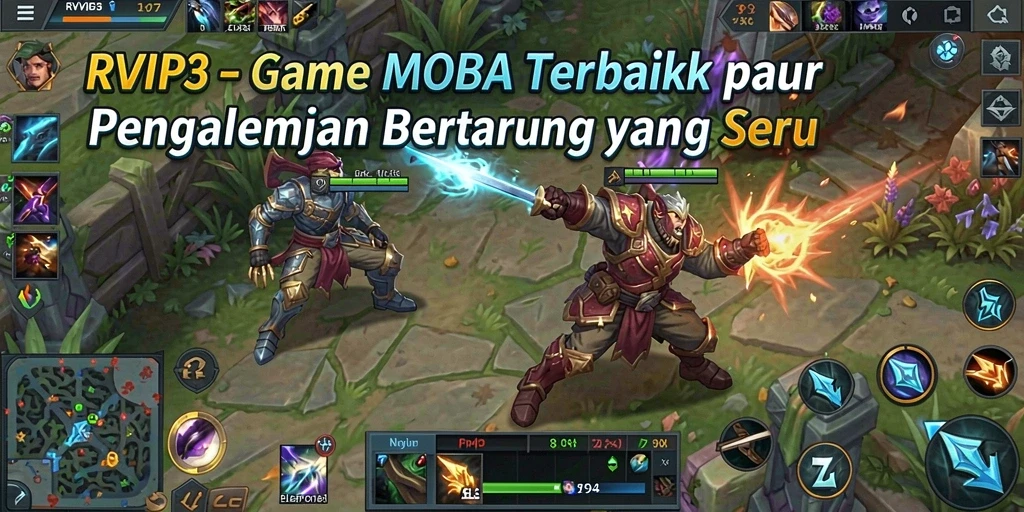 Tampilan gameplay seru dalam pertarungan MOBA yang intens.