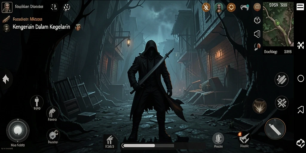 Tangkapan layar gameplay S9S9 yang menampilkan suasana menakutkan.