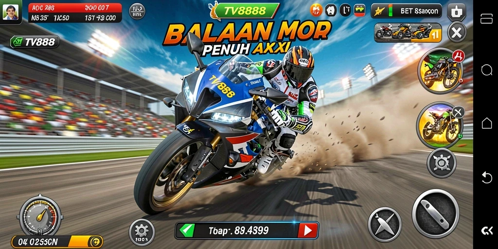Screenshot TV888 menampilkan aksi balap motor yang mendebarkan.